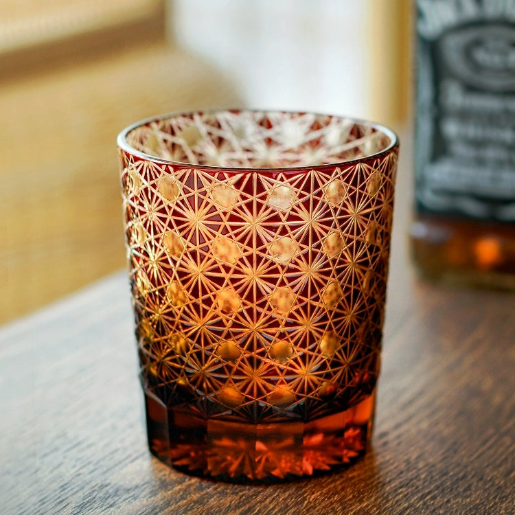 Handcrafted Edo Kiriko Amber Star Chrysanthemum whisky glass, Japanese cut crystal tumbler by Viko