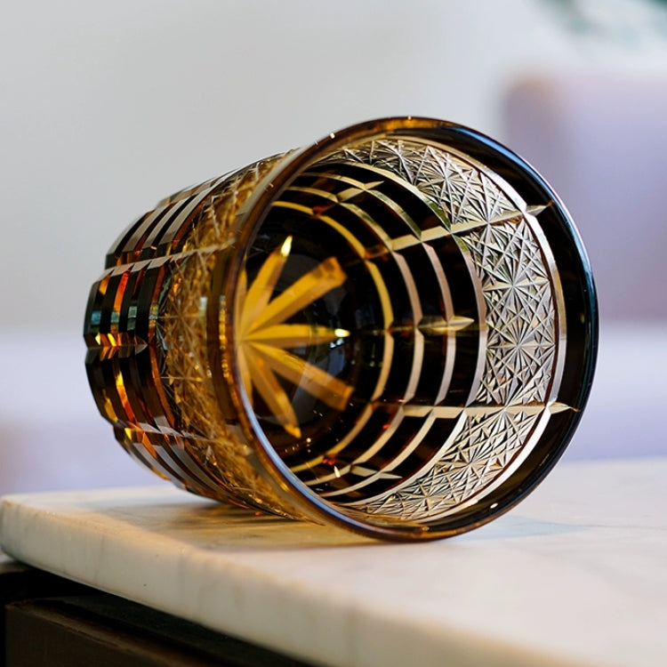 Handcrafted Edo Kiriko Diamond Amber whisky glass, Japanese cut crystal tumbler by Viko
