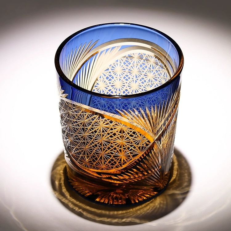 Handcrafted Edo Kiriko Crane Feather whisky glass, Japanese cut crystal tumbler by Viko