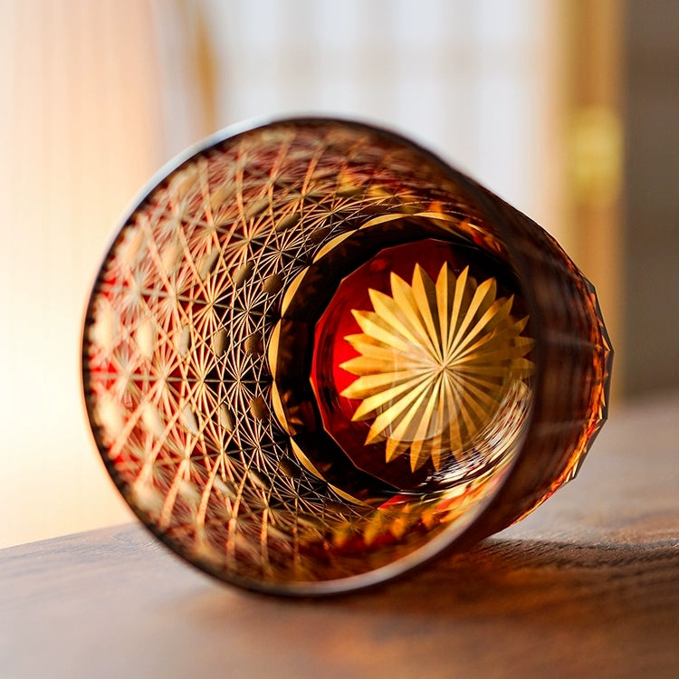 Handcrafted Edo Kiriko Amber Star Chrysanthemum whisky glass, Japanese cut crystal tumbler by Viko