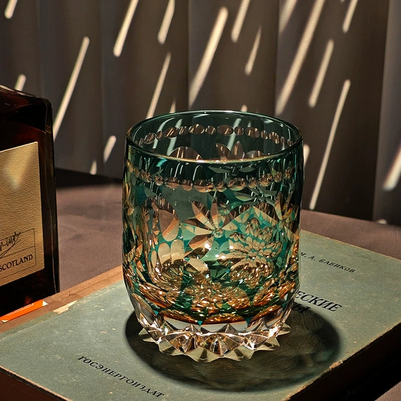 Handcrafted Edo Kiriko Seika Kasane whisky glass, Japanese cut crystal tumbler by Viko