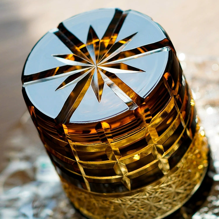 Handcrafted Edo Kiriko Diamond Amber whisky glass, Japanese cut crystal tumbler by Viko