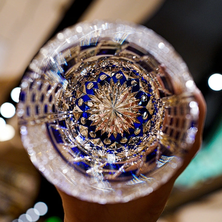 Handcrafted Edo Kiriko Sapphire Motif whisky glass, Japanese cut crystal tumbler by Viko