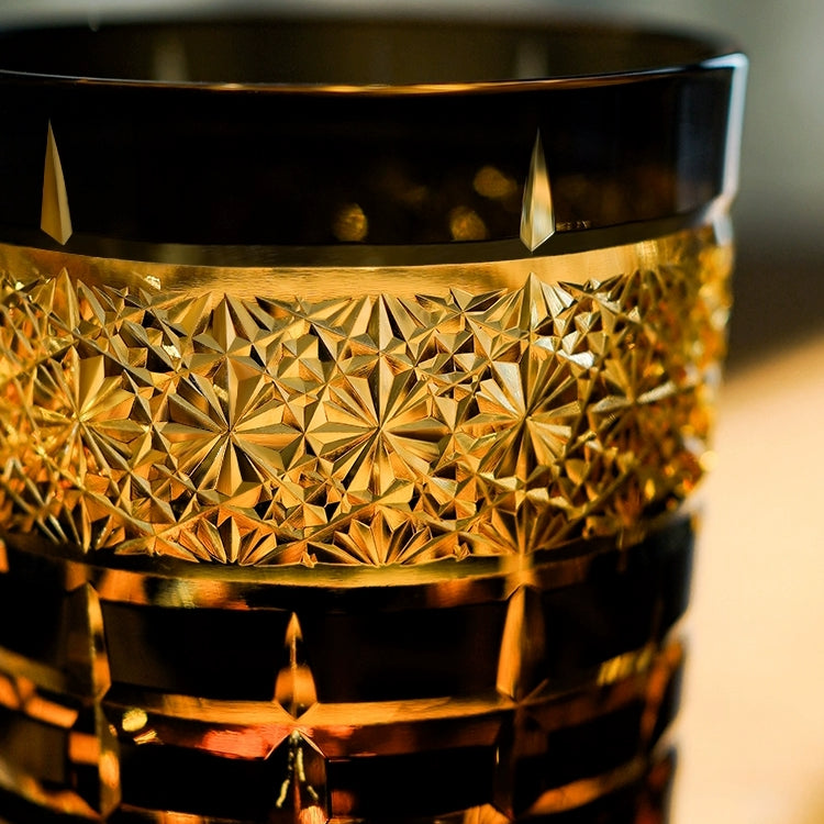 Handcrafted Edo Kiriko Diamond Amber whisky glass, Japanese cut crystal tumbler by Viko