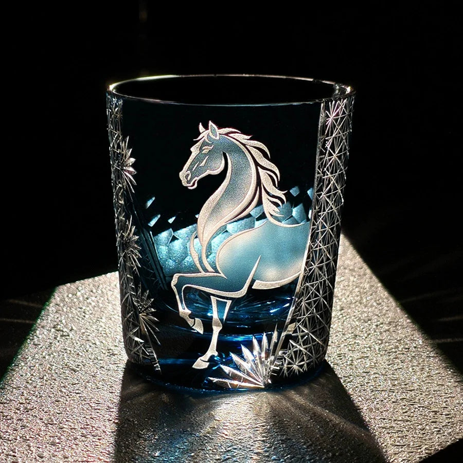 Handcrafted Edo Kiriko Meiba whisky glass, Japanese cut crystal tumbler by Viko