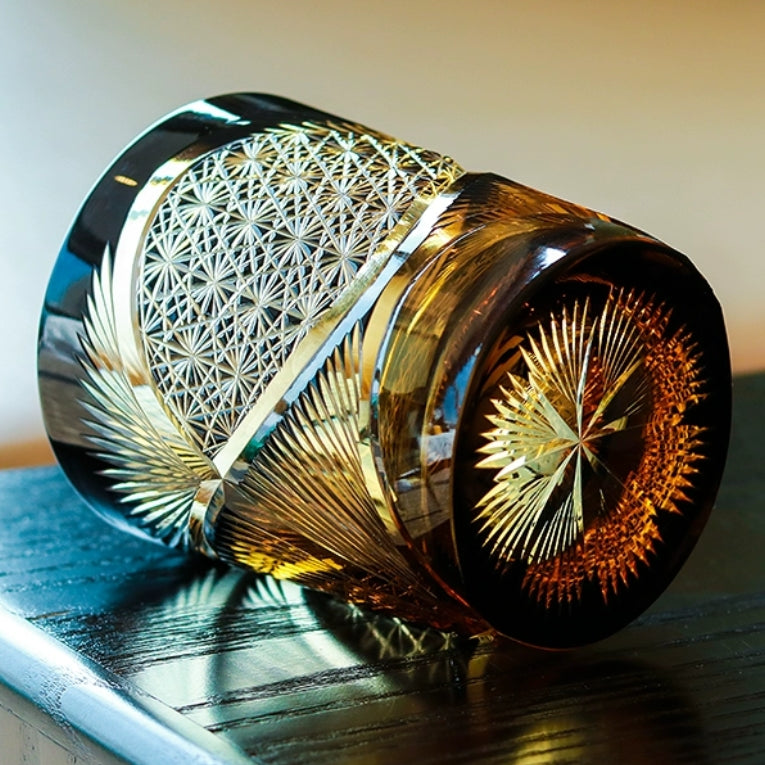 Handcrafted Edo Kiriko Crane Feather whisky glass, Japanese cut crystal tumbler by Viko