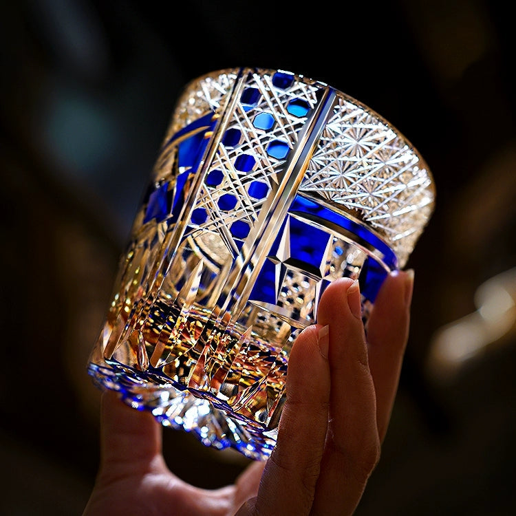 Handcrafted Edo Kiriko Sapphire Motif whisky glass, Japanese cut crystal tumbler by Viko