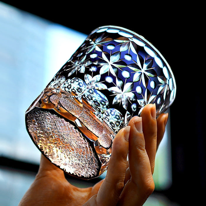 Handcrafted Edo Kiriko Sakura Snow whisky glass, Japanese cut crystal tumbler by Viko