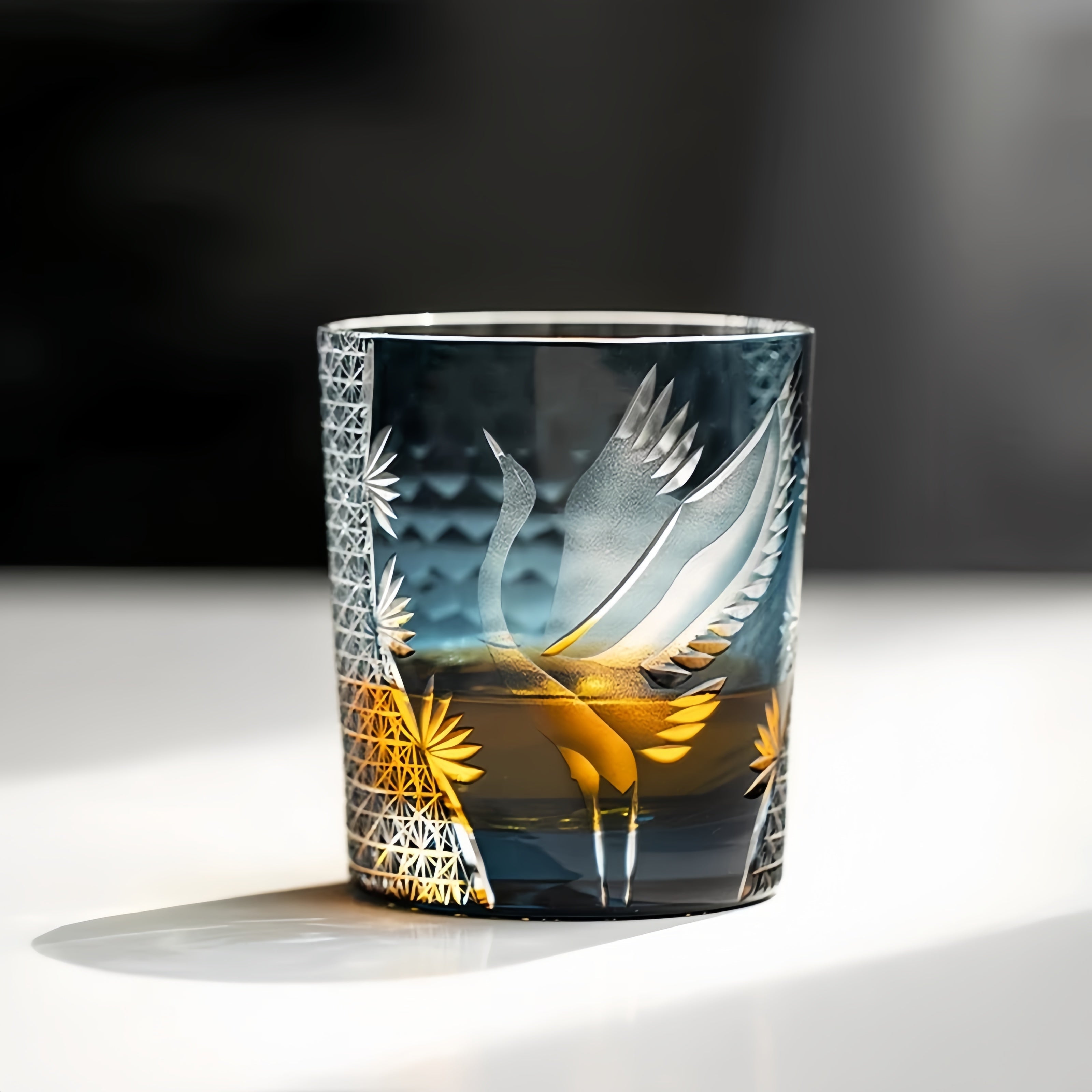 Handcrafted Edo Kiriko Soaring Crane whisky glass, Japanese cut crystal tumbler by Viko