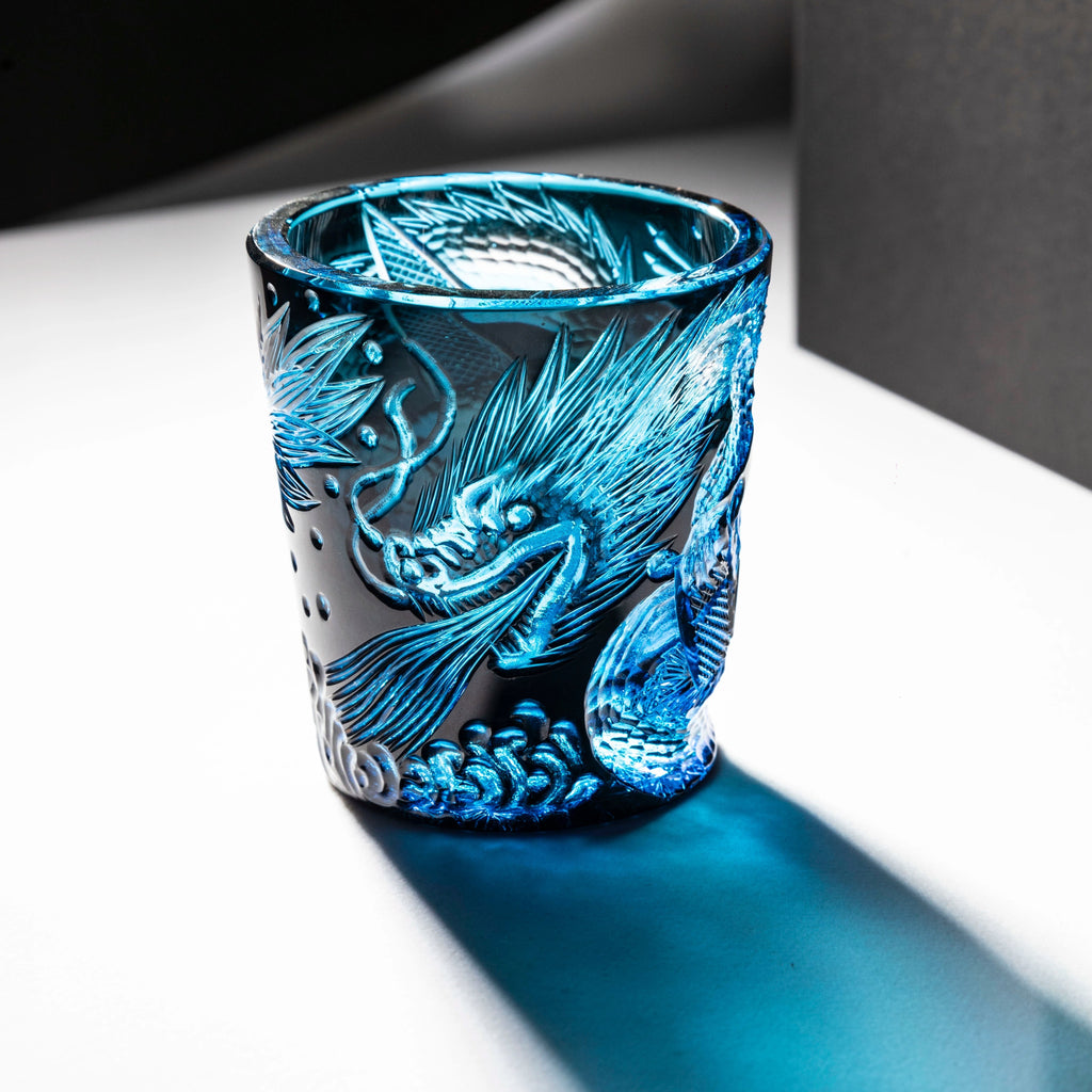 Handcrafted Edo Kiriko Ryujin Asanoha whisky glass, Japanese cut crystal tumbler by Viko