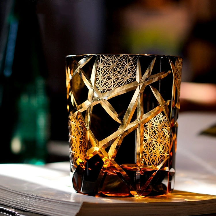 Handcrafted Edo Kiriko Crane Lightning whisky glass, Japanese cut crystal tumbler by Viko