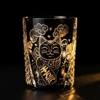 Handcrafted Edo Kiriko Kuro Kin Maneki Neko whisky glass, Japanese cut crystal tumbler by Viko