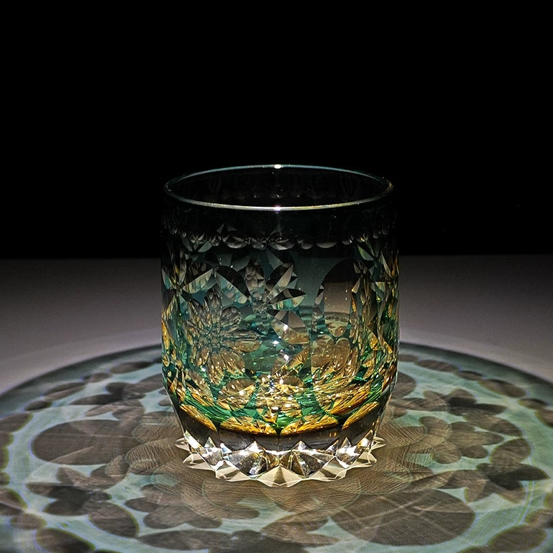 Handcrafted Edo Kiriko Seika Kasane whisky glass, Japanese cut crystal tumbler by Viko