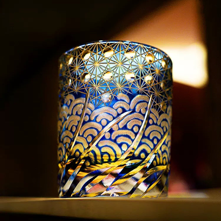 Handcrafted Edo Kiriko Blue Amber whisky glass, Japanese cut crystal tumbler by Viko