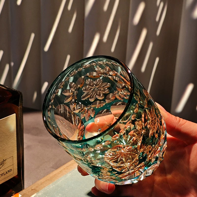 Handcrafted Edo Kiriko Seika Kasane whisky glass, Japanese cut crystal tumbler by Viko