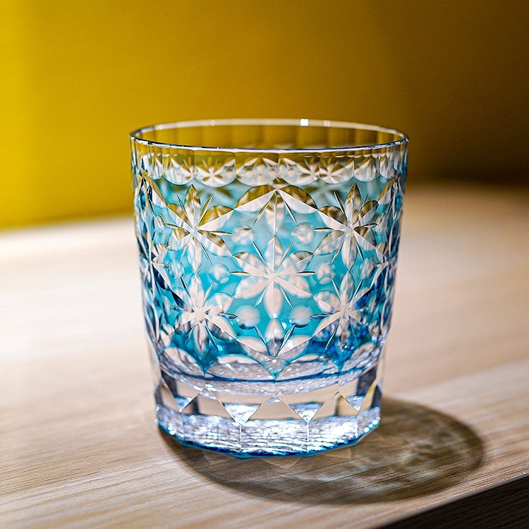 Handcrafted Edo Kiriko Sakura Snow whisky glass, Japanese cut crystal tumbler by Viko