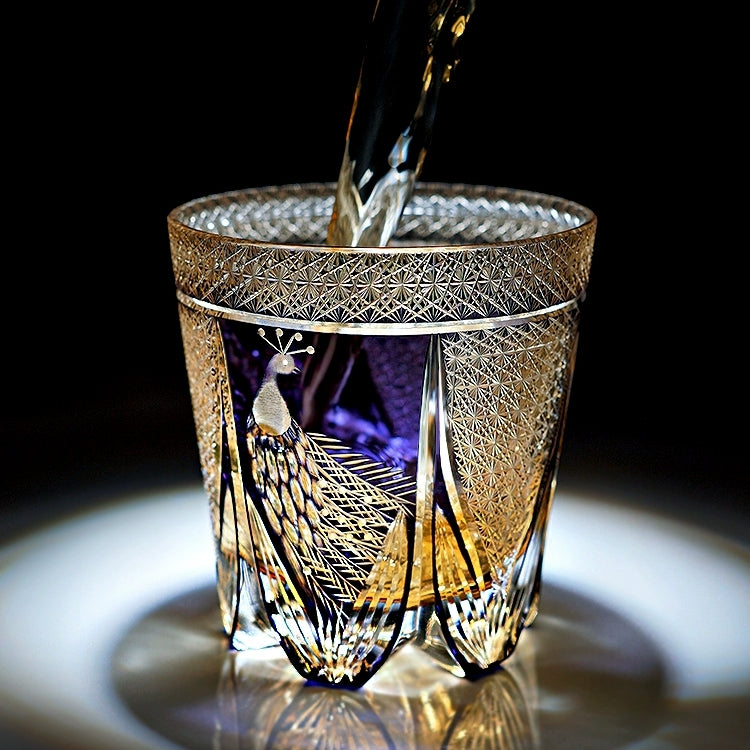 Handcrafted Edo Kiriko Violet Peacock whisky glass, Japanese cut crystal tumbler by Viko