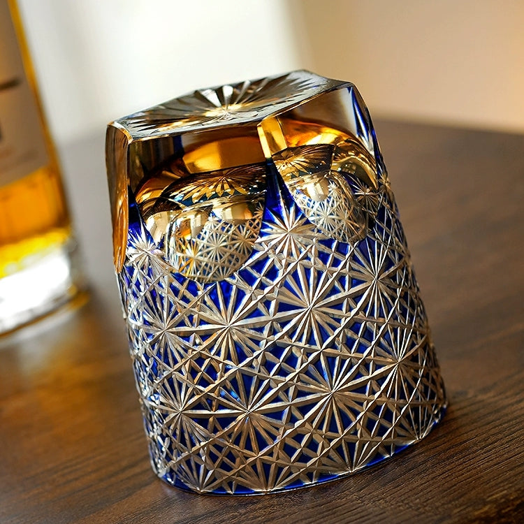 Handcrafted Edo Kiriko Blue Amber whisky glass, Japanese cut crystal tumbler by Viko