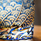 Handcrafted Edo Kiriko Blue Amber whisky glass, Japanese cut crystal tumbler by Viko