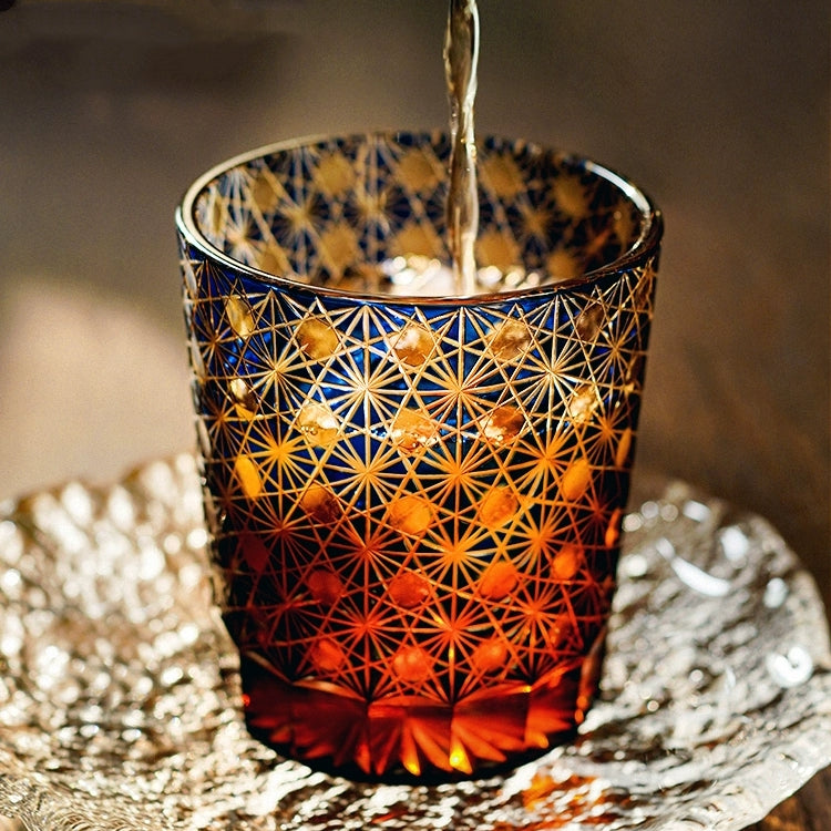 Handcrafted Edo Kiriko Amber Star Chrysanthemum whisky glass, Japanese cut crystal tumbler by Viko