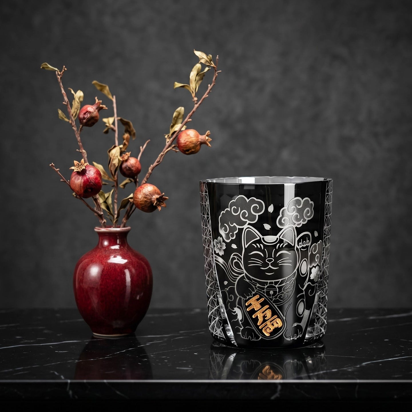 Handcrafted Edo Kiriko Kuro Kin Maneki Neko whisky glass, Japanese cut crystal tumbler by Viko
