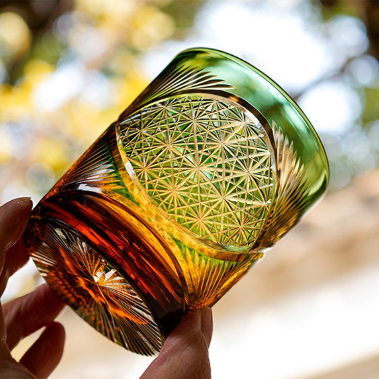 Handcrafted Edo Kiriko Crane Feather whisky glass, Japanese cut crystal tumbler by Viko