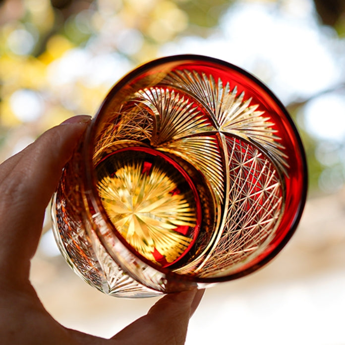Handcrafted Edo Kiriko Crane Feather whisky glass, Japanese cut crystal tumbler by Viko
