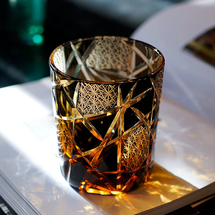 Handcrafted Edo Kiriko Crane Lightning whisky glass, Japanese cut crystal tumbler by Viko