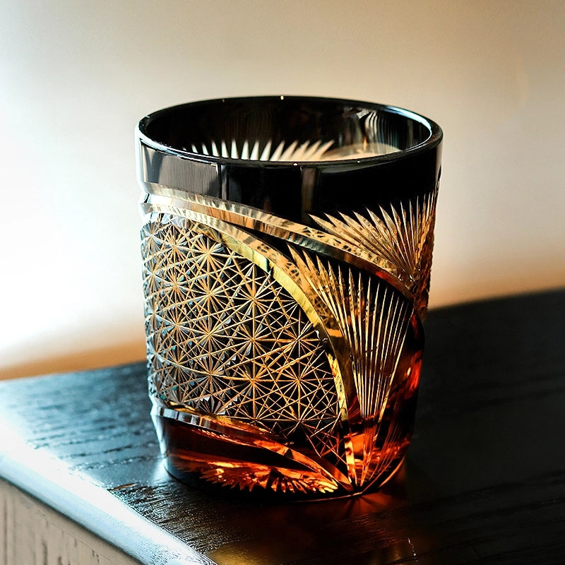 Handcrafted Edo Kiriko Crane Feather whisky glass, Japanese cut crystal tumbler by Viko