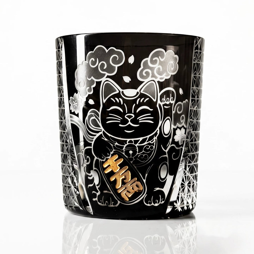 Handcrafted Edo Kiriko Kuro Kin Maneki Neko whisky glass, Japanese cut crystal tumbler by Viko