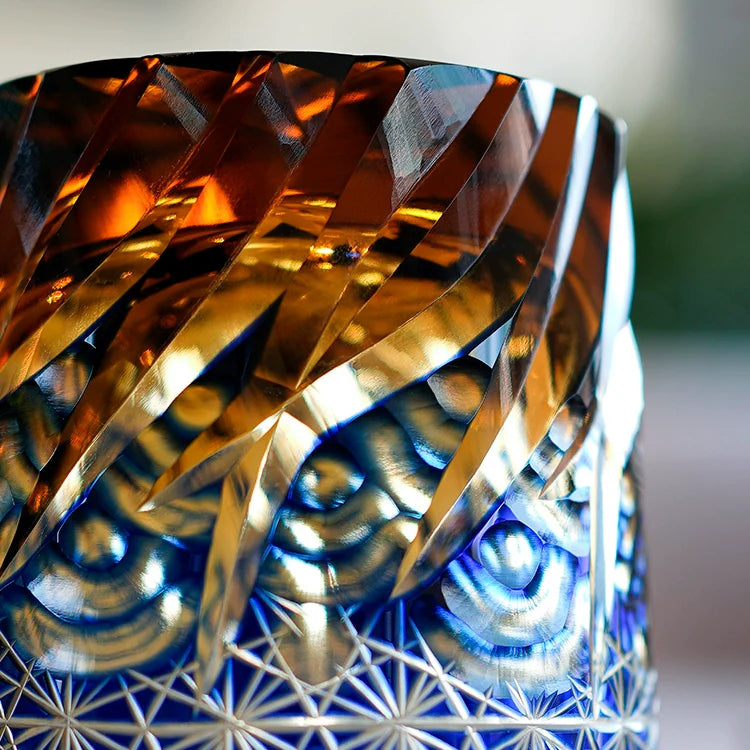 Handcrafted Edo Kiriko Blue Amber whisky glass, Japanese cut crystal tumbler by Viko