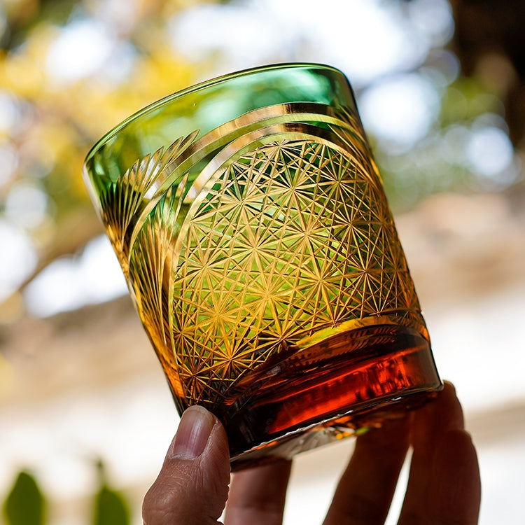 Handcrafted Edo Kiriko Crane Feather whisky glass, Japanese cut crystal tumbler by Viko