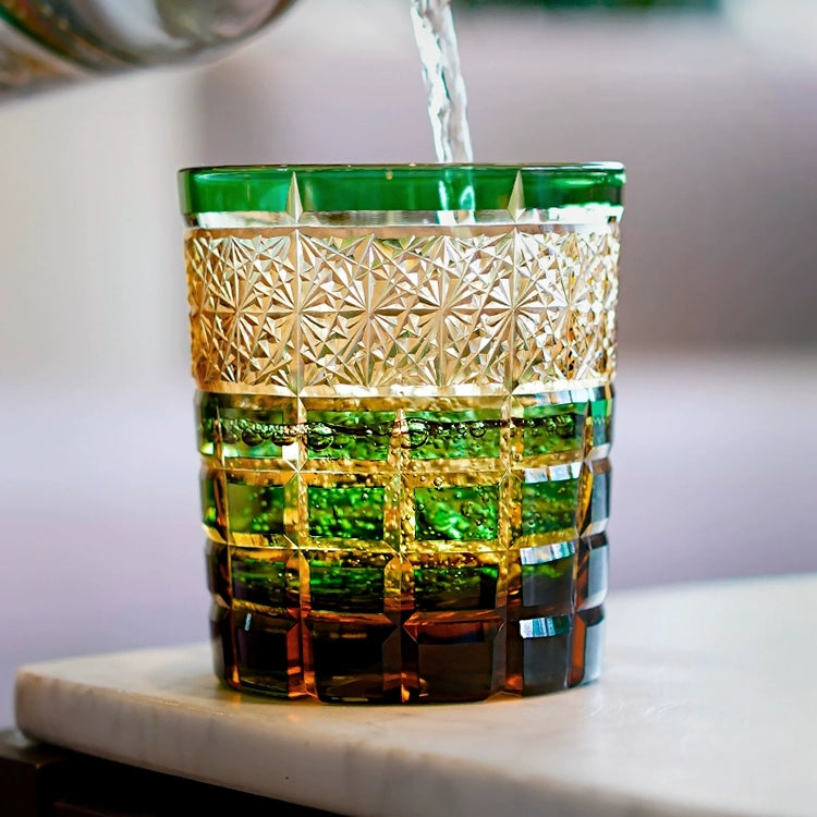 Handcrafted Edo Kiriko Diamond Amber whisky glass, Japanese cut crystal tumbler by Viko