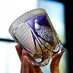 Handcrafted Edo Kiriko Violet Peacock whisky glass, Japanese cut crystal tumbler by Viko