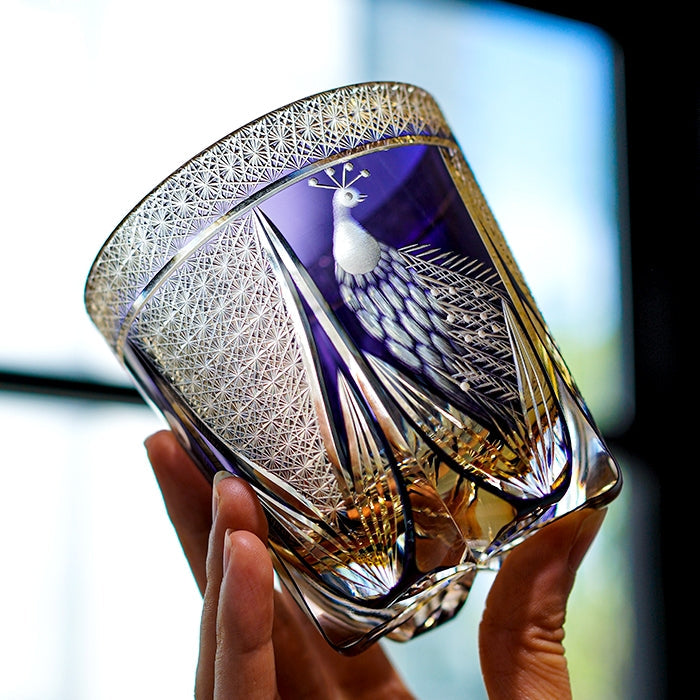 Handcrafted Edo Kiriko Violet Peacock whisky glass, Japanese cut crystal tumbler by Viko