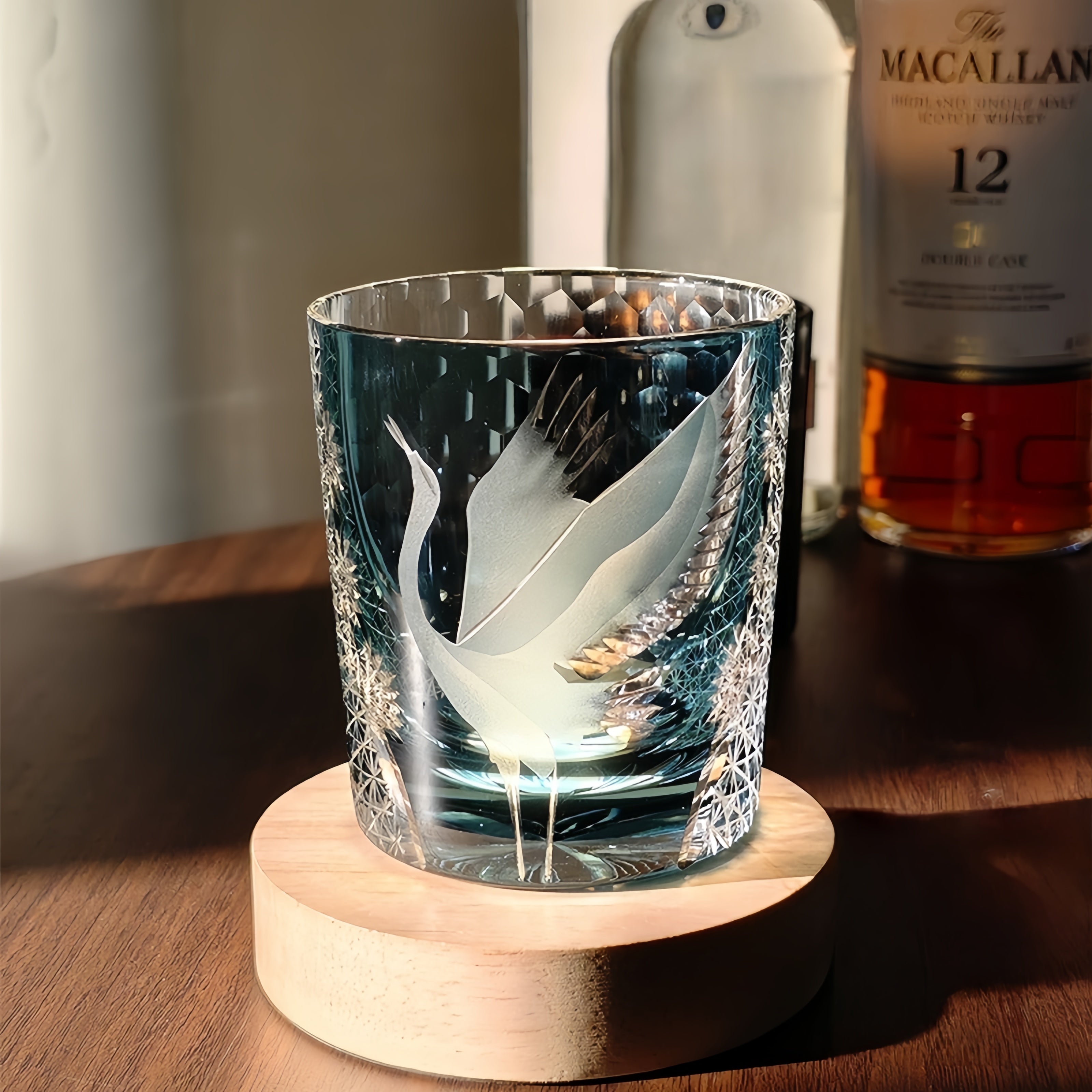 Handcrafted Edo Kiriko Soaring Crane whisky glass, Japanese cut crystal tumbler by Viko