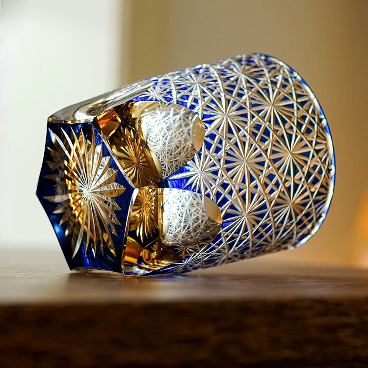 Handcrafted Edo Kiriko Blue Amber whisky glass, Japanese cut crystal tumbler by Viko