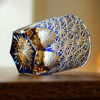 Handcrafted Edo Kiriko Blue Amber whisky glass, Japanese cut crystal tumbler by Viko