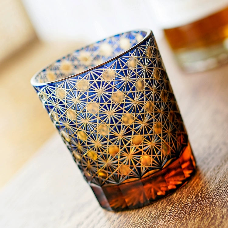 Handcrafted Edo Kiriko Amber Star Chrysanthemum whisky glass, Japanese cut crystal tumbler by Viko