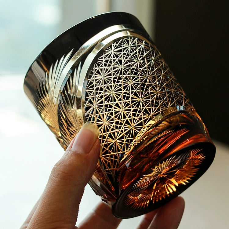 Handcrafted Edo Kiriko Crane Feather whisky glass, Japanese cut crystal tumbler by Viko