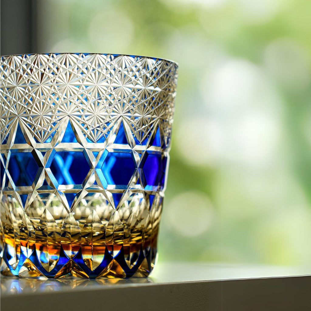 Handcrafted Edo Kiriko Sapphire Fluorite whisky glass, Japanese cut crystal tumbler by Viko