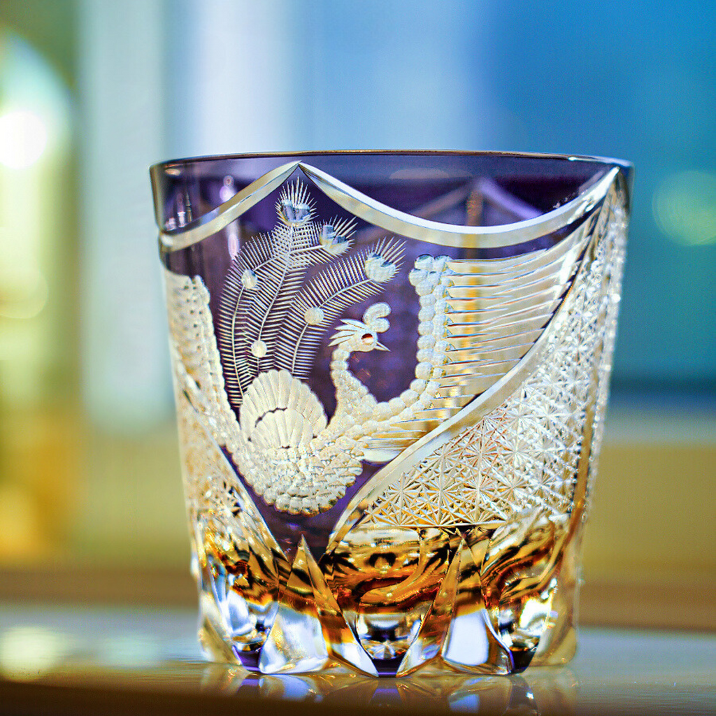 Handcrafted Edo Kiriko Dancing Phoenix whisky glass, Japanese cut crystal tumbler by Viko