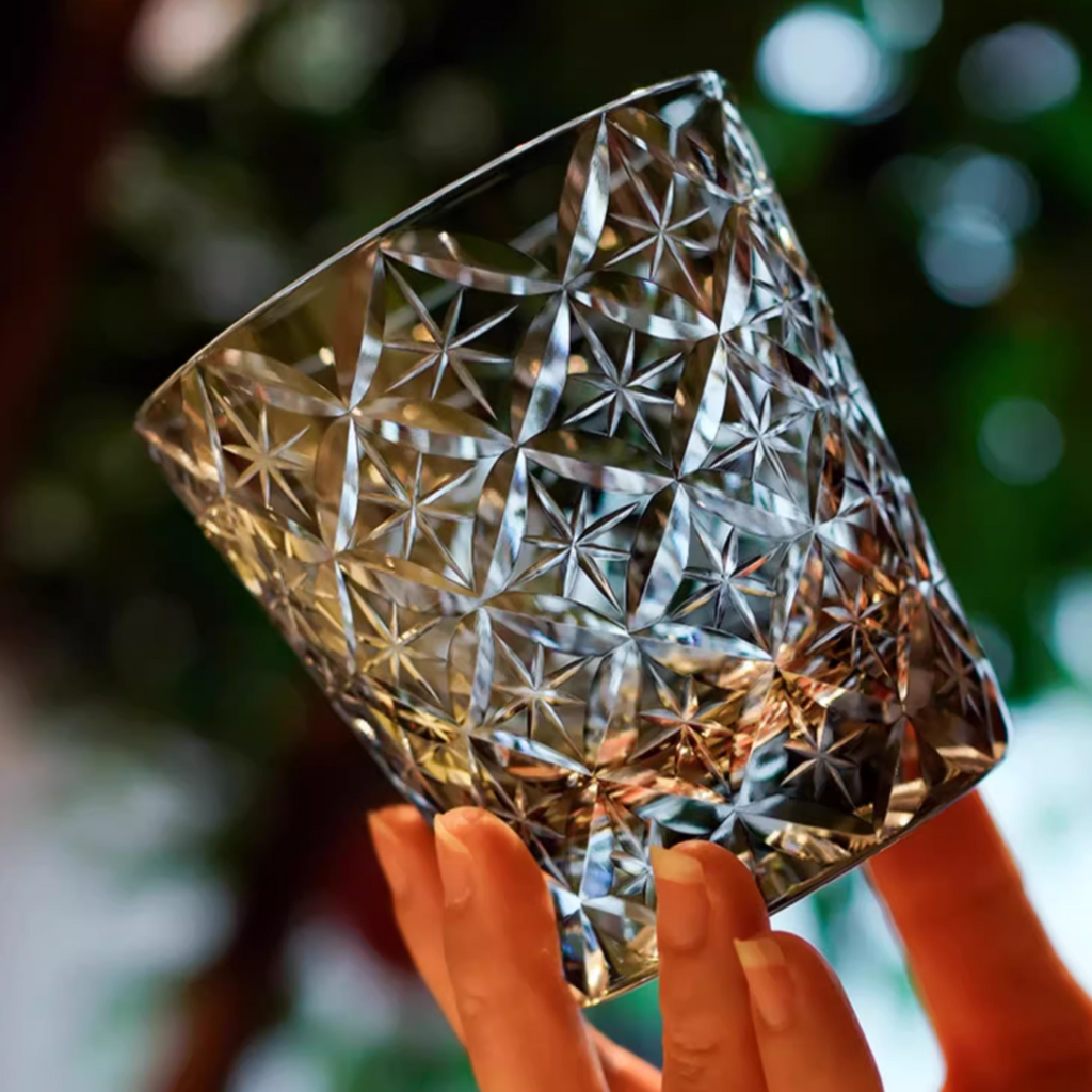 Handcrafted Edo Kiriko Asanoha Star whisky glass, Japanese cut crystal tumbler by Viko