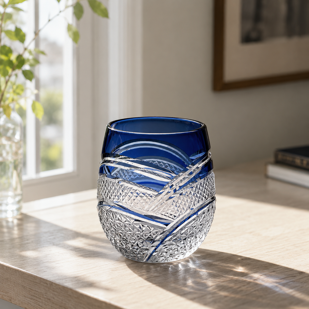 Moonlit Ripple Blue Edo Kiriko Whisky Glass | Japanese Crystal Tumbler - Product image 3