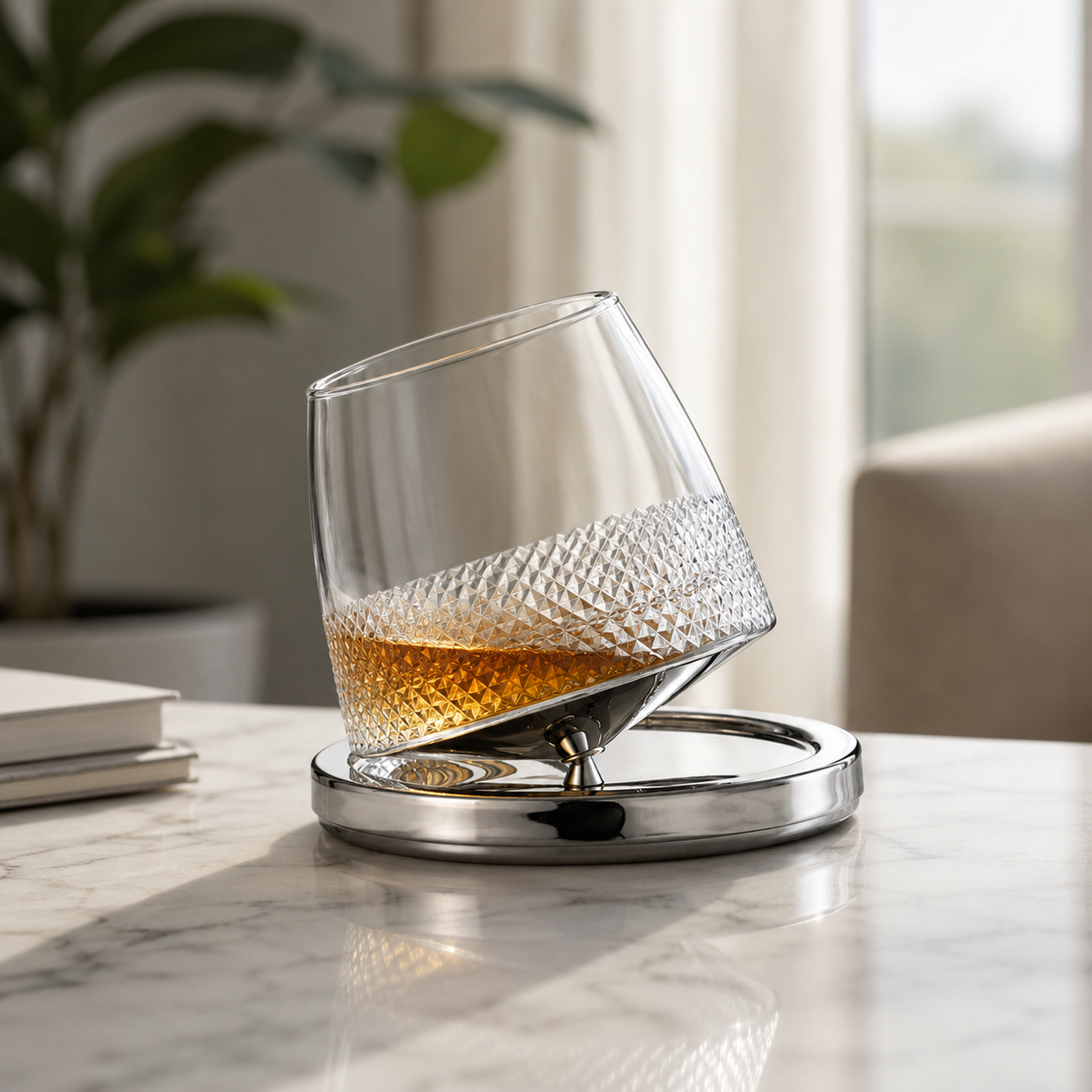 Rotating Crystal Whisky Glass with Display Base | Modern Spinning Tumbler - Product image 3