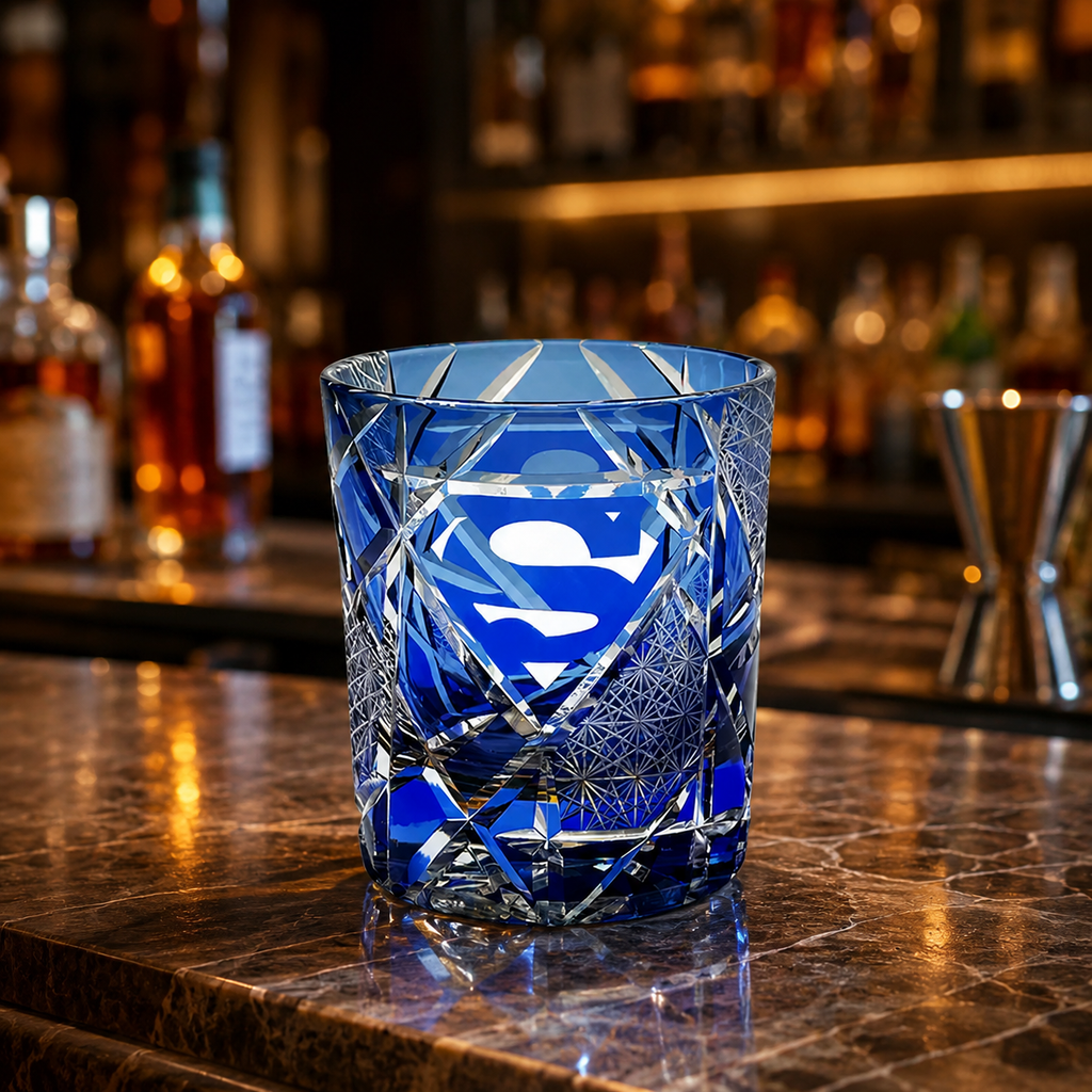 Blue Hero Emblem Crystal Whisky Glass | Modern Faceted Tumbler - Product image 2