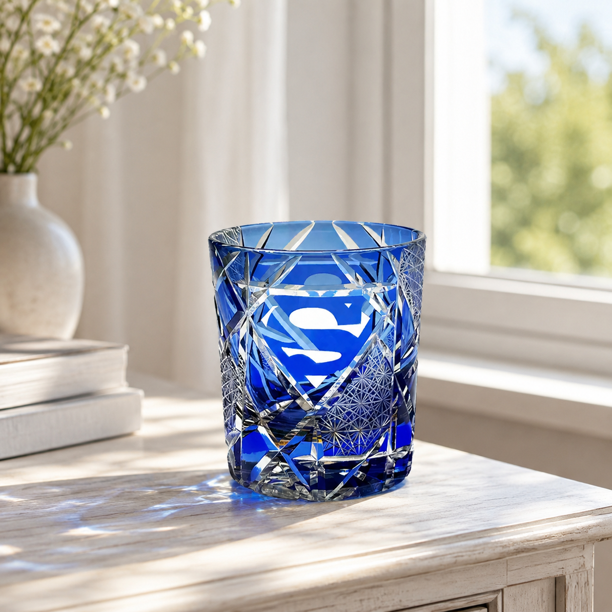 Blue Hero Emblem Crystal Whisky Glass | Modern Faceted Tumbler - Product image 3