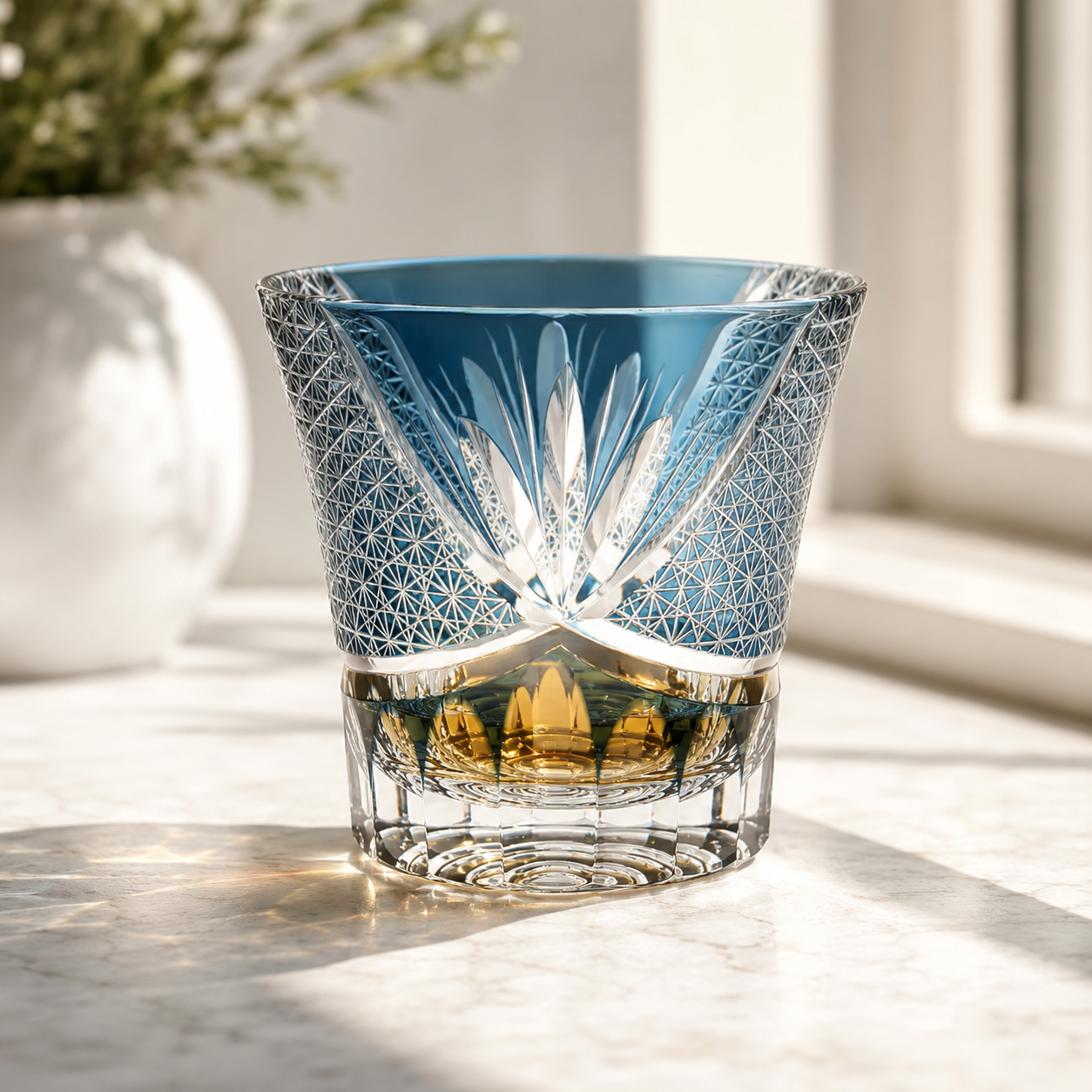 Aqua Chrysanthemum Crystal Whisky Glass | Japanese Cut Tumbler - Product image 3