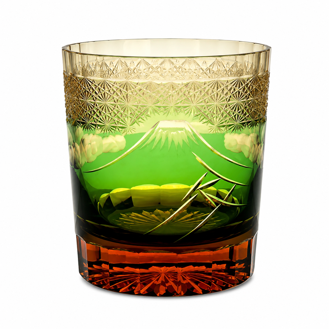 Handcrafted Edo Kiriko Mount Fuji Whisky Glass | Green Japanese Crystal Tumbler - Product image 1