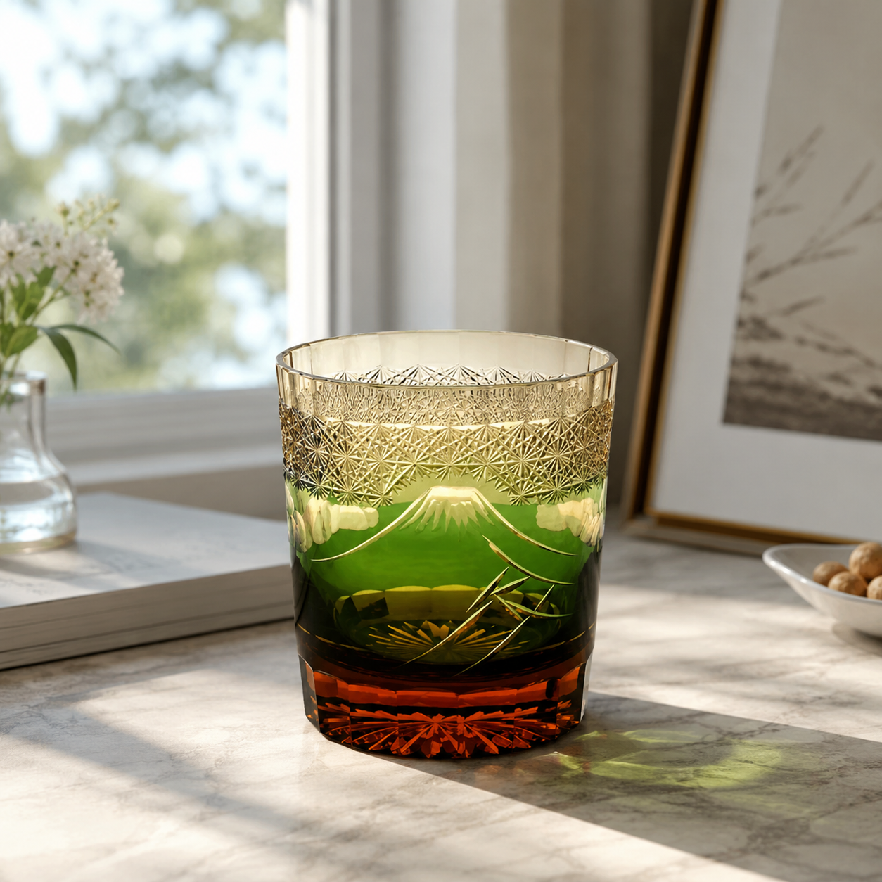 Handcrafted Edo Kiriko Mount Fuji Whisky Glass | Green Japanese Crystal Tumbler - Product image 3